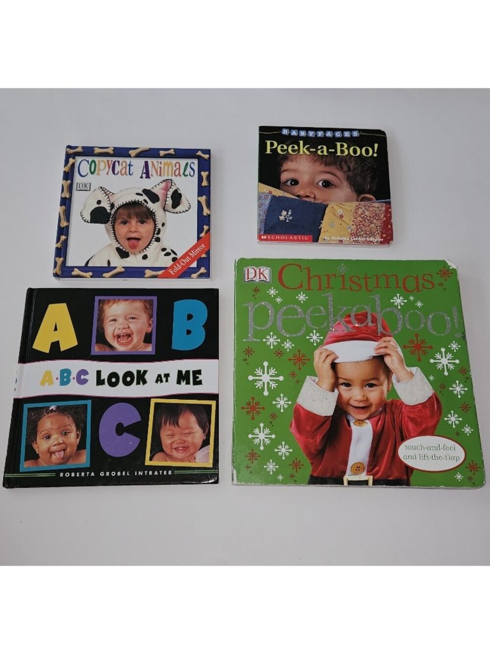4 Faces Baby Book Lot Peek A Boo Christmas ABC Look At Me Copycat Animals Board